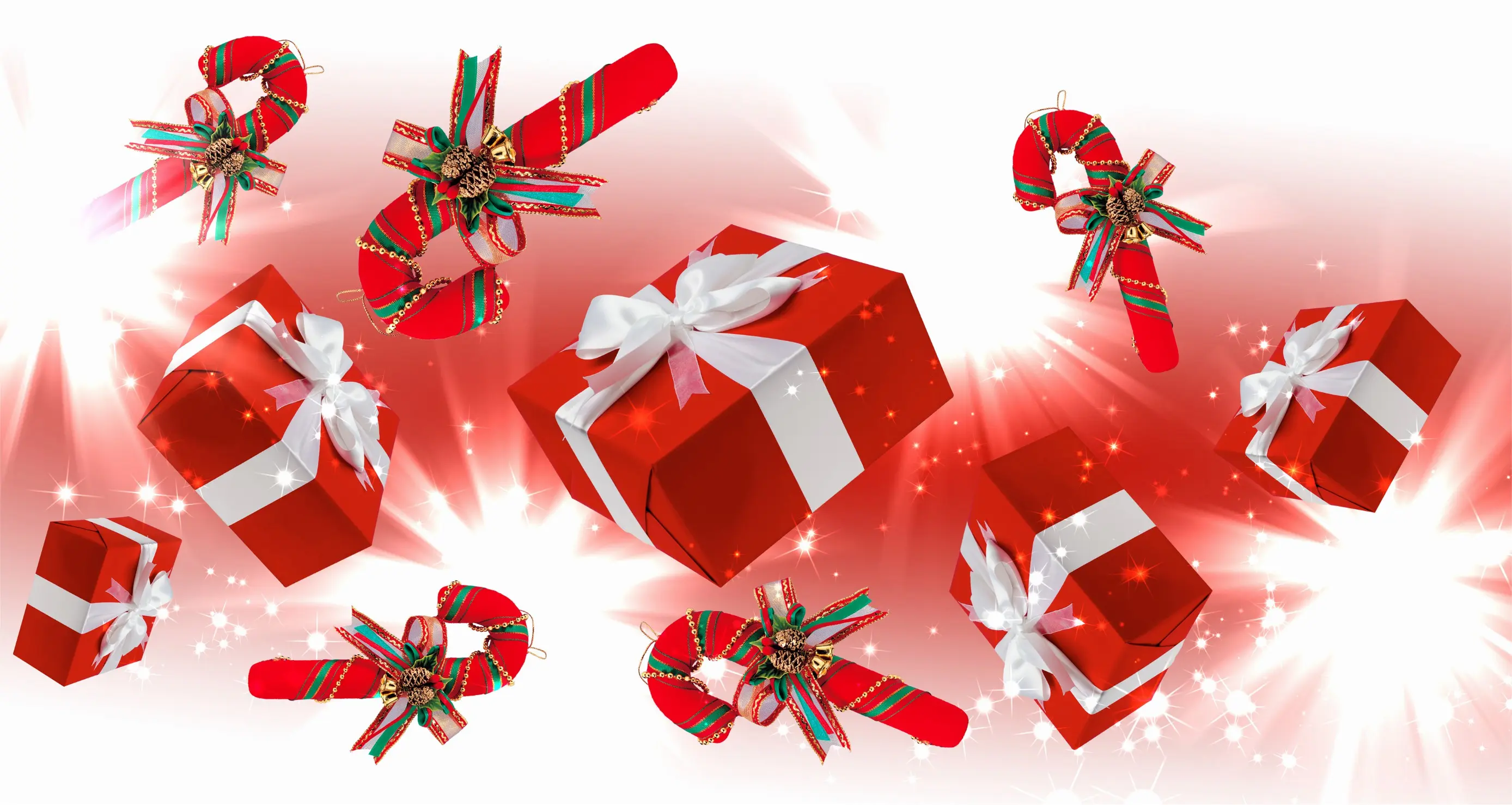 Rote Geschenke und Zuckerstangen