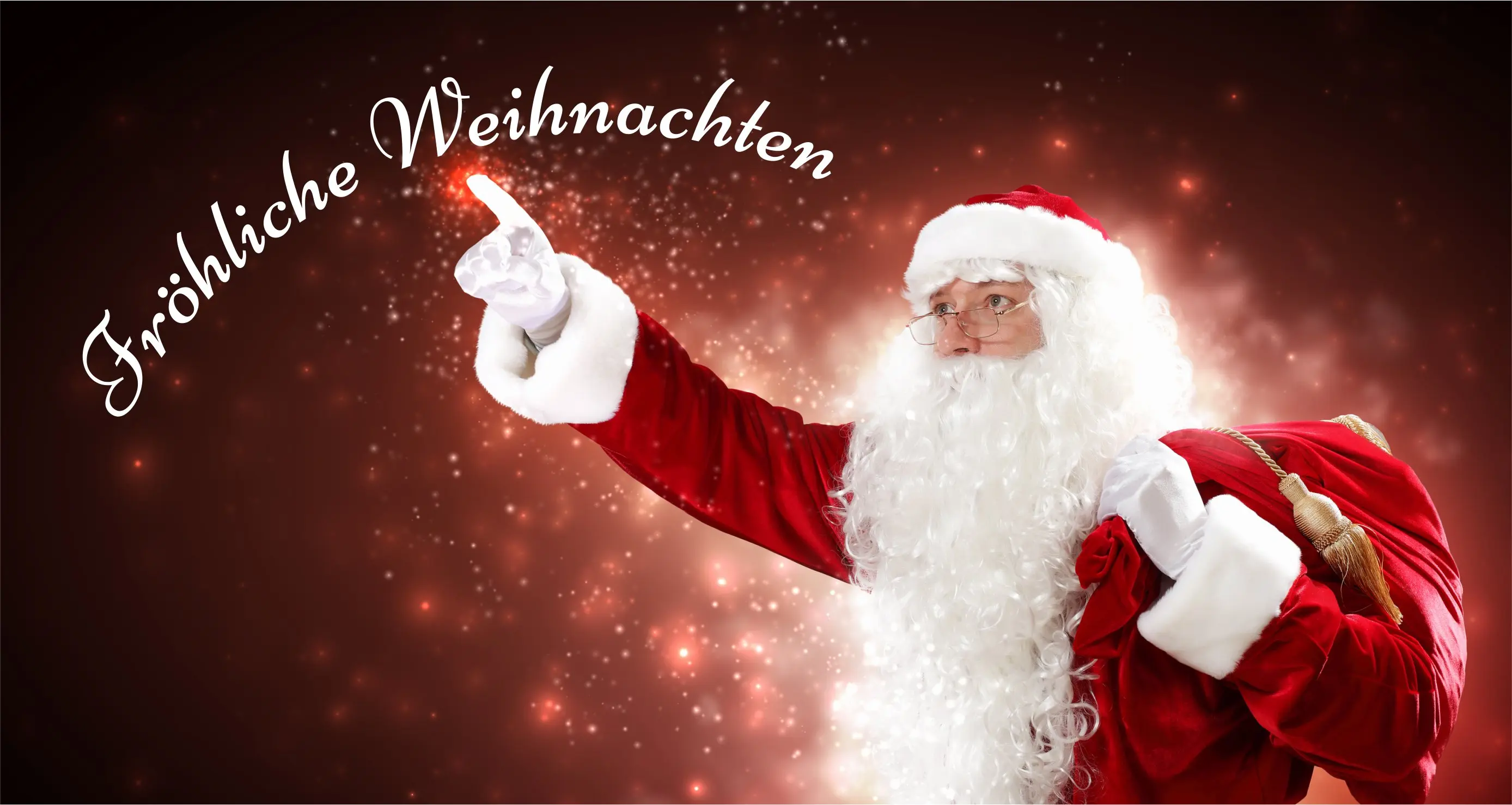 Weihnachtsmann zeigt auf Weihnachtsgruß