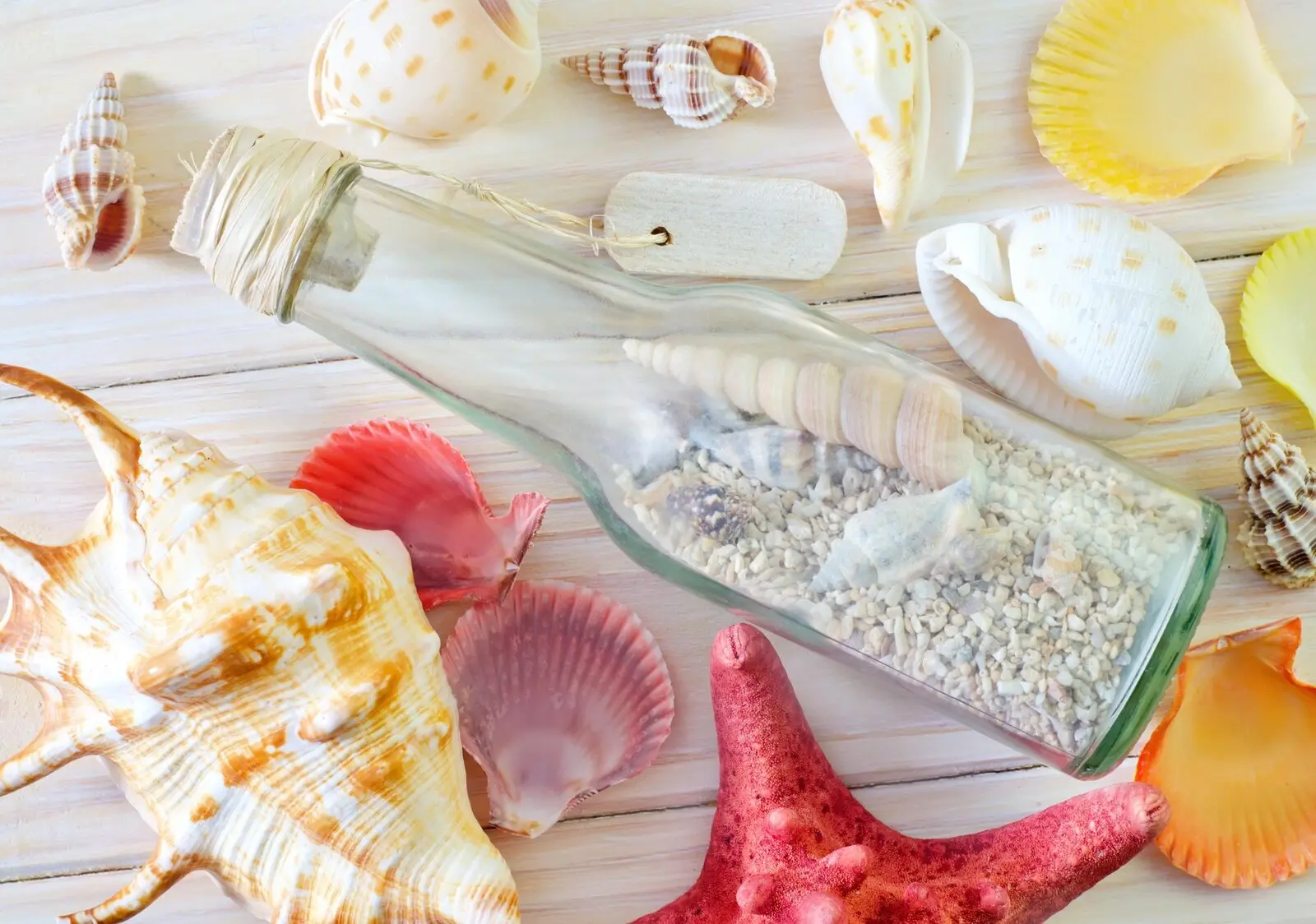 Postkarte Din A6 mit Motiv Flaschenpost und Muscheln