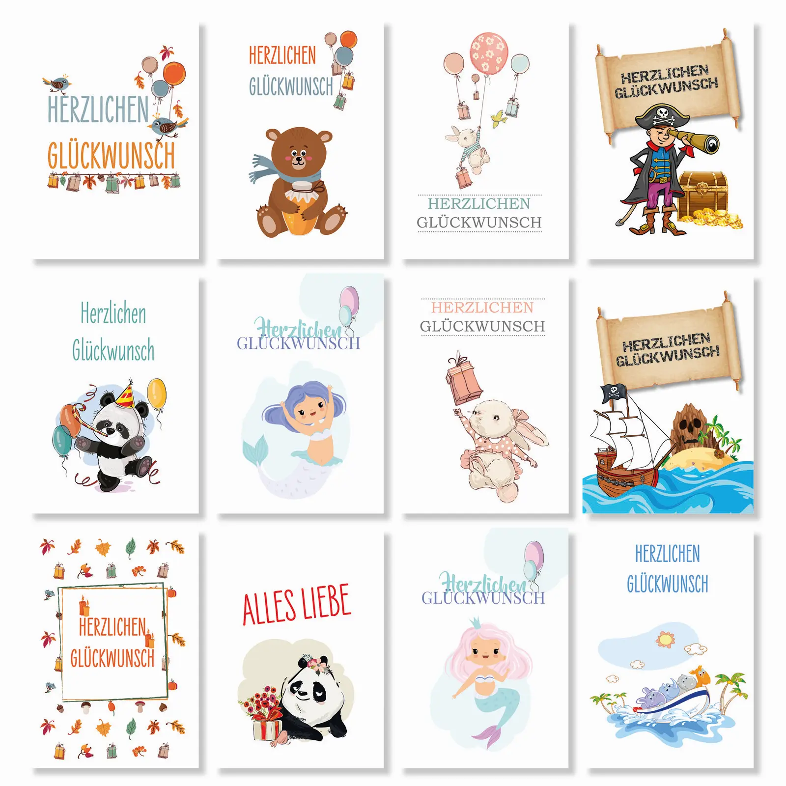 Kinder Postkarten Set 12 Stück gemischt, Panda, Pirat usw