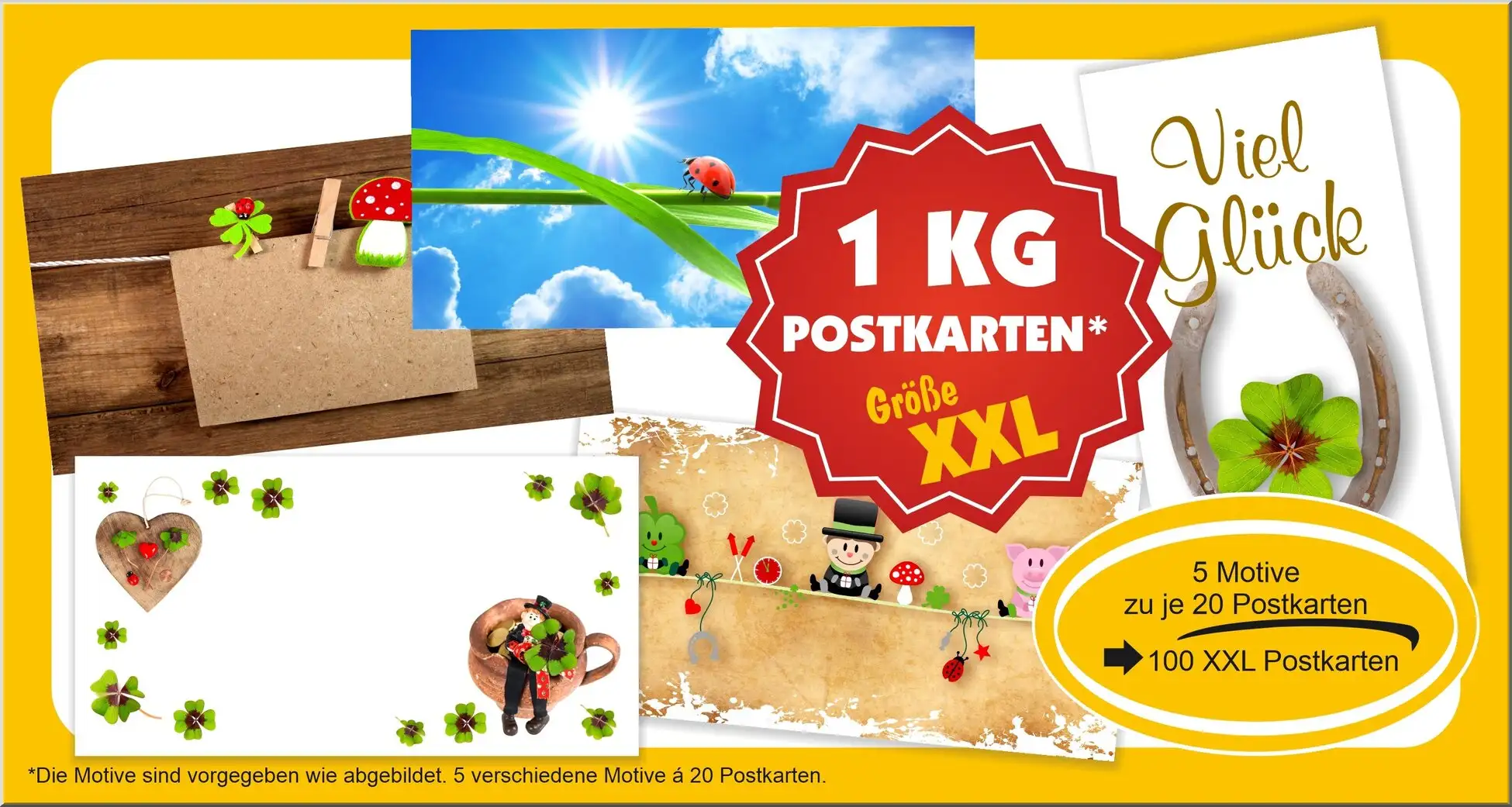 Postkarten Buch Marienkäfer Kleeblatt Hufeisen