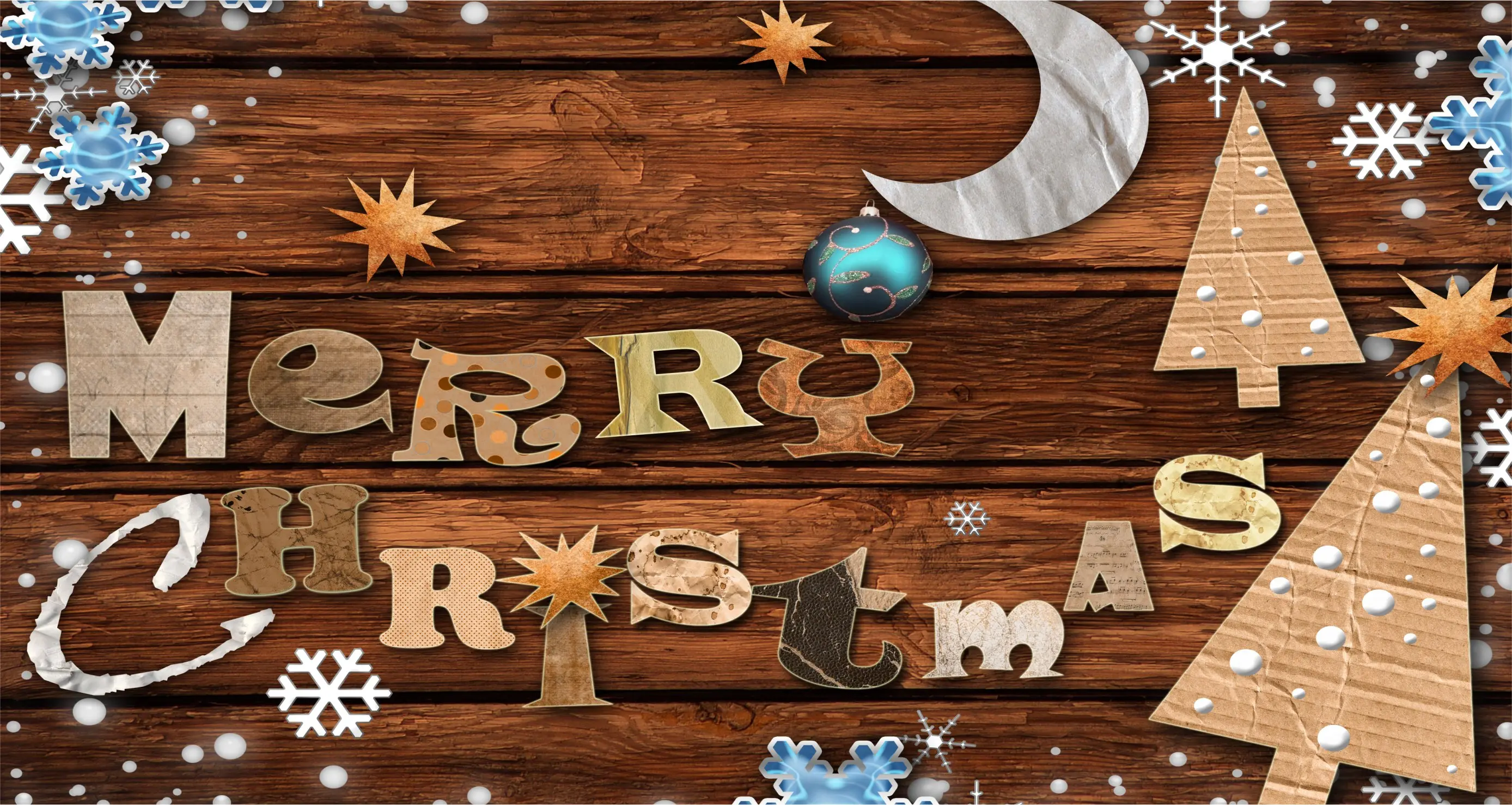 Rustikaler Weihnachtsgruß Holz Schneeflocke Christmas Tannenbaum Mond Rustikaler Weihnachtsgruß