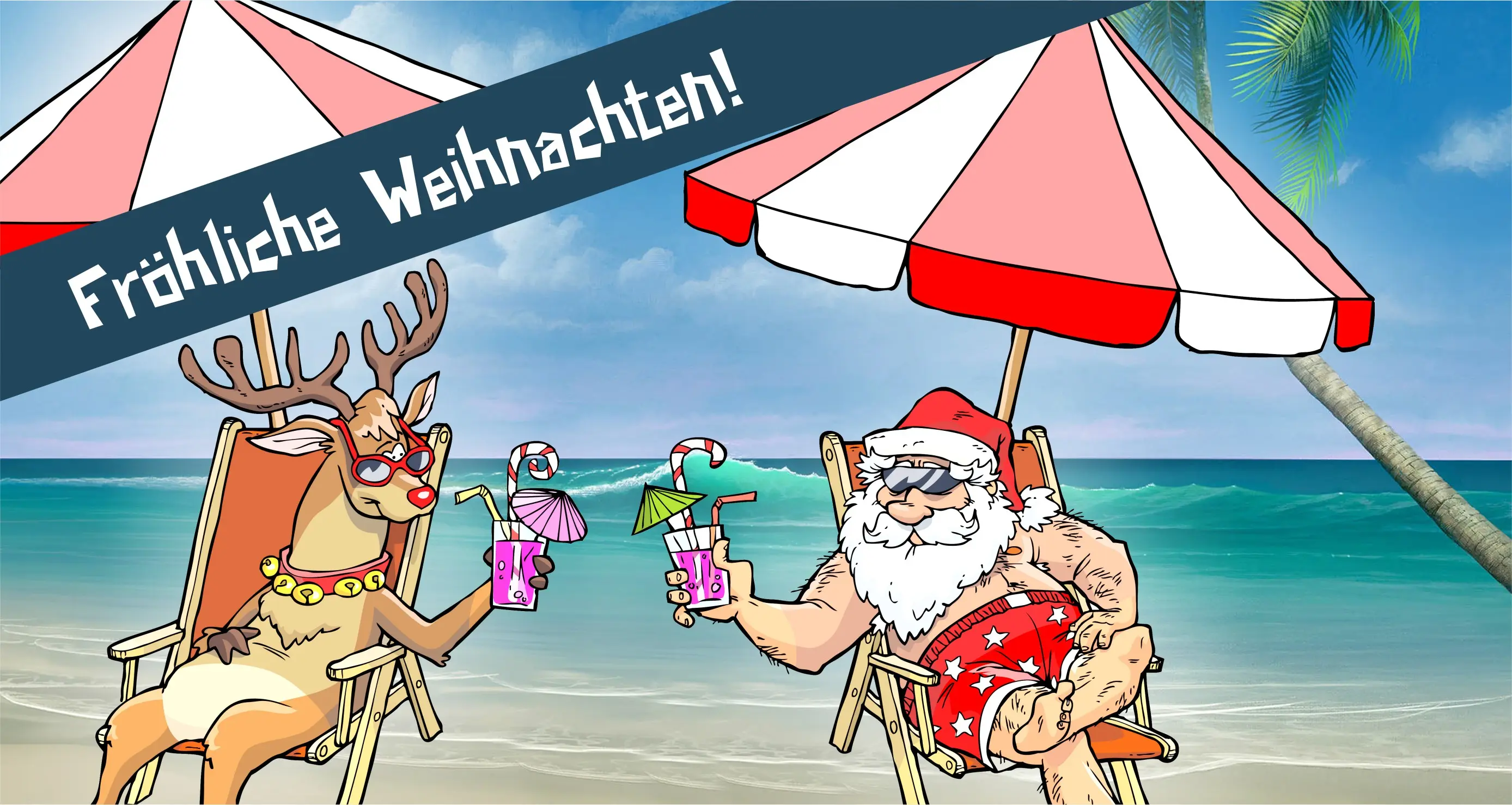 Weihnachtsmann und Rentier am Strand