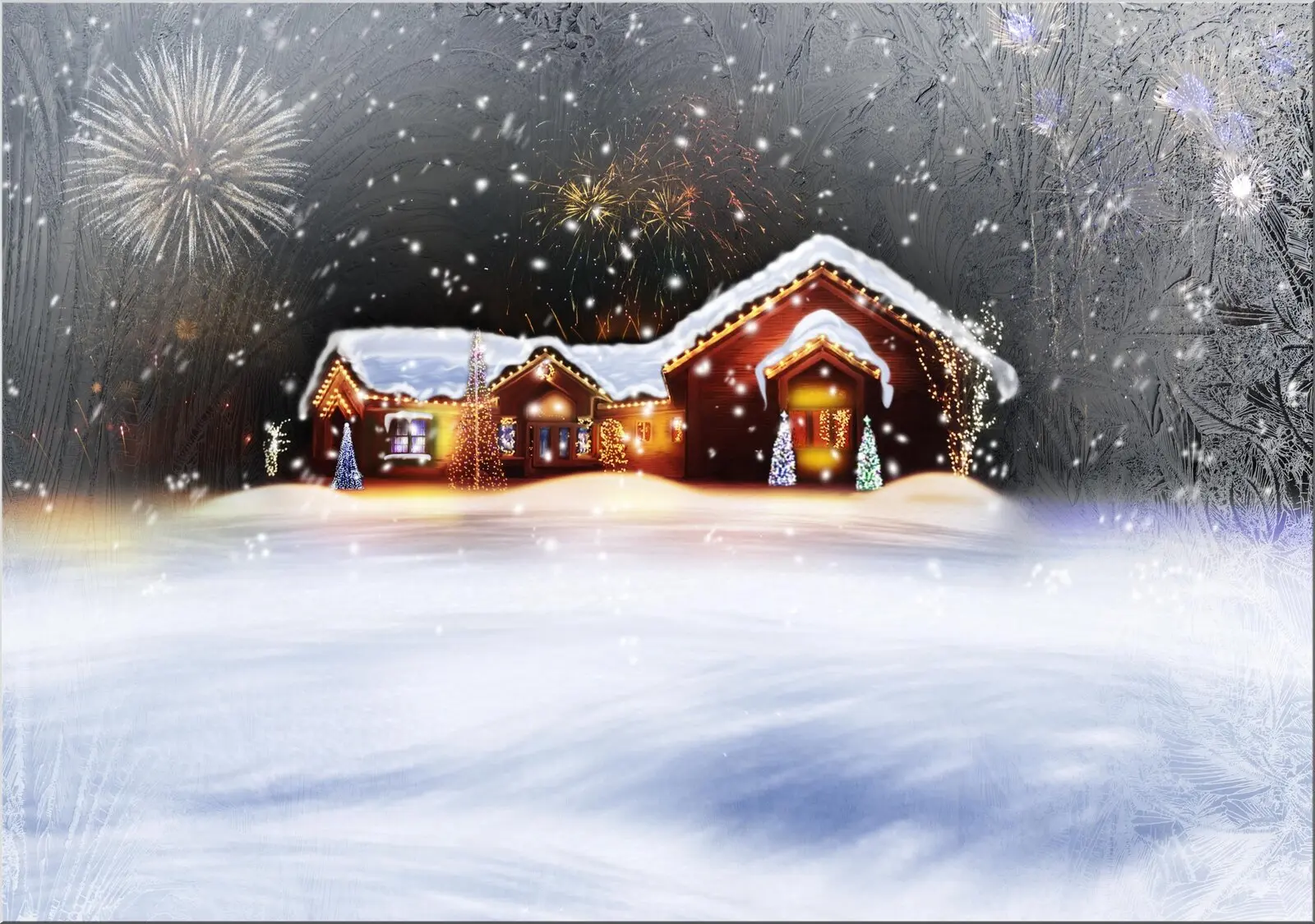 Winterwunderland Postkarte mit Weihnachtshaus im Schnee