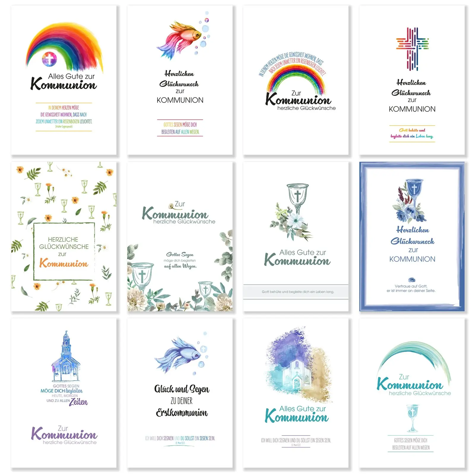 12er Set Kommunion Postkarten mit Regenbogen, Fische usw.