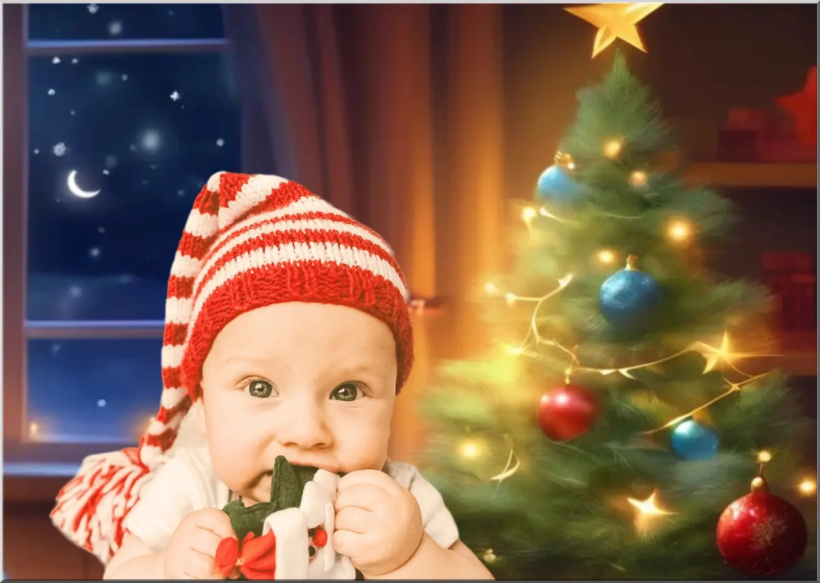 Weihnachtspostkarte mit lustigem Baby und Baum