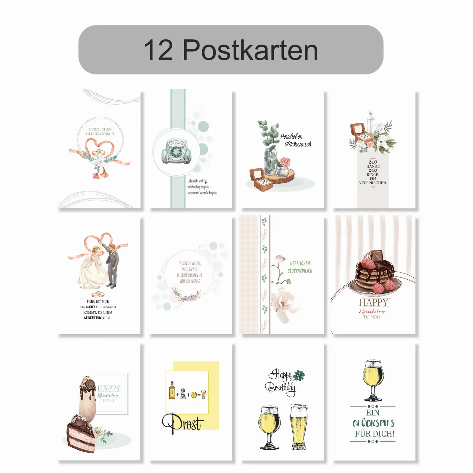 Glückwunschpostkarten für Hochzeit und Geburtstag 12 Stück