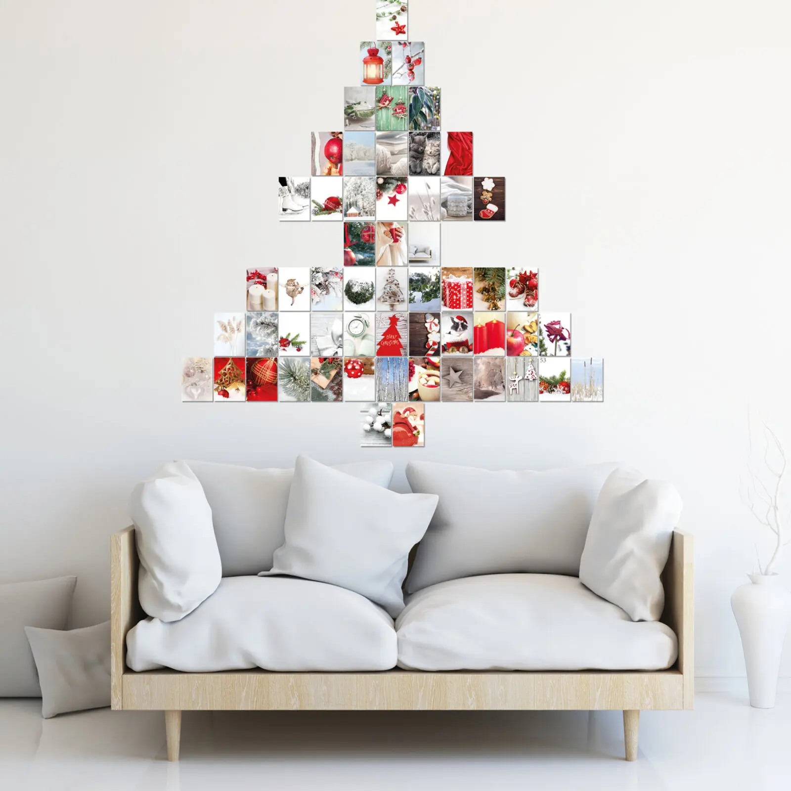 Weihnachtsbaum nachhaltig als Wandcollage platzsparend 56 Karten.