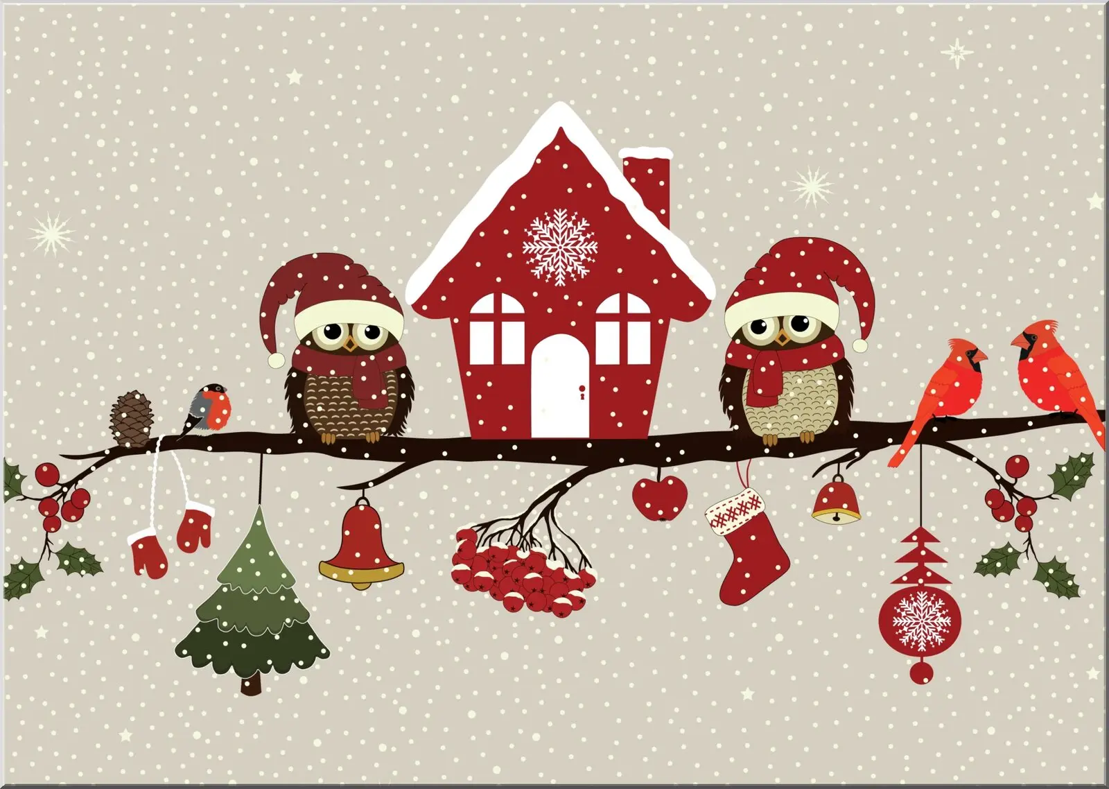 Weihnachtskarte mit Vögelchen und Haus auf Ast