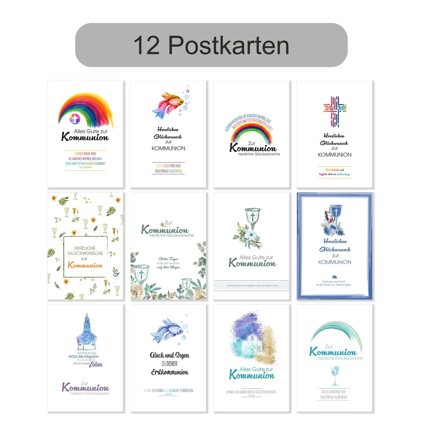 Set mit 12 Kommunion Glückwunschkarten mit Fisch, Kreus, Spruch
