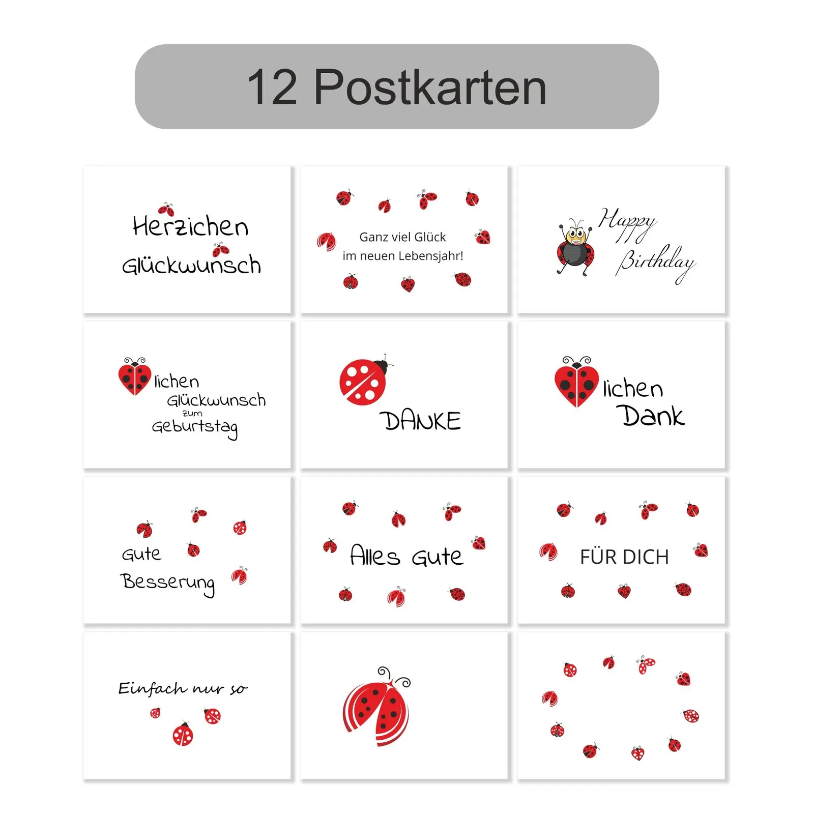 Set mit 12 Marienkäfer Postkarten mit und ohne Text