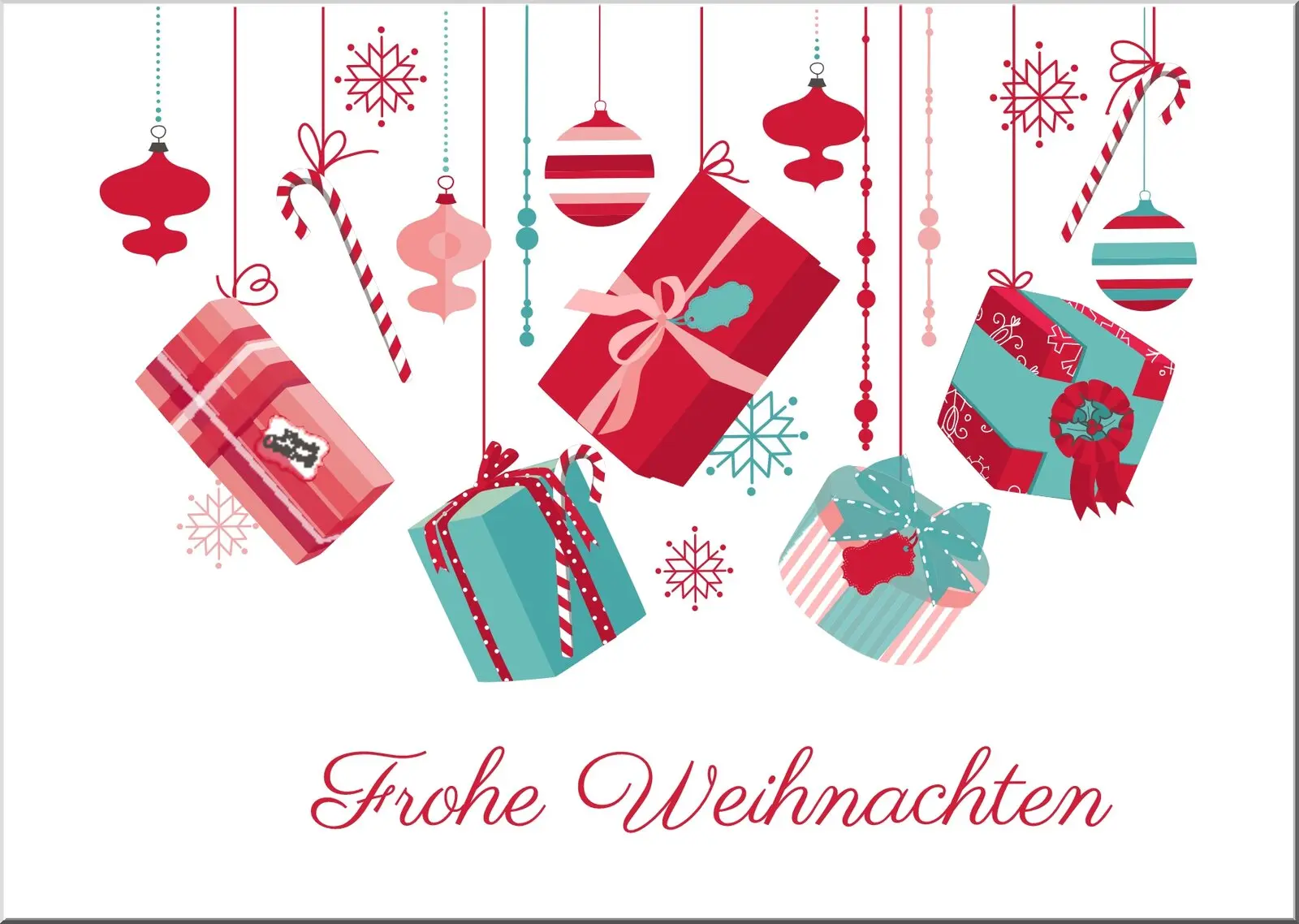 Weihnachtspostkarte Geschenke und Frohe Weihnachten