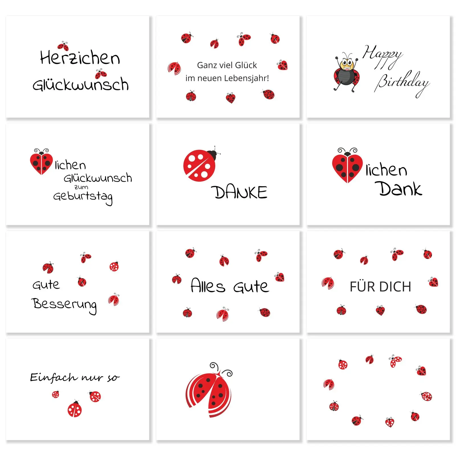 Postkartenset mit Marienäfermotiven gemischt