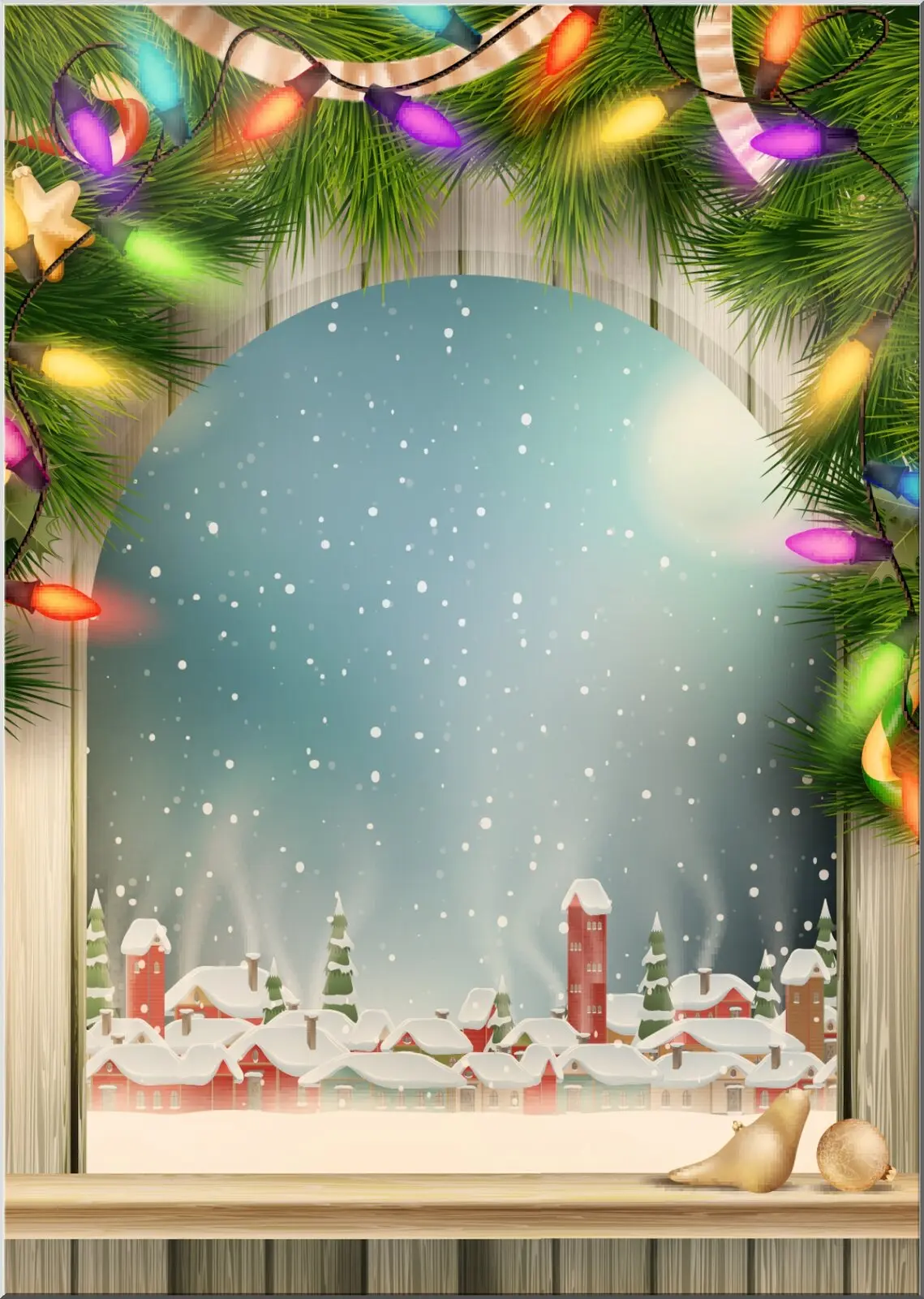 Weihnachtskarte mit Weihnachtsdorf und Lichterkette
