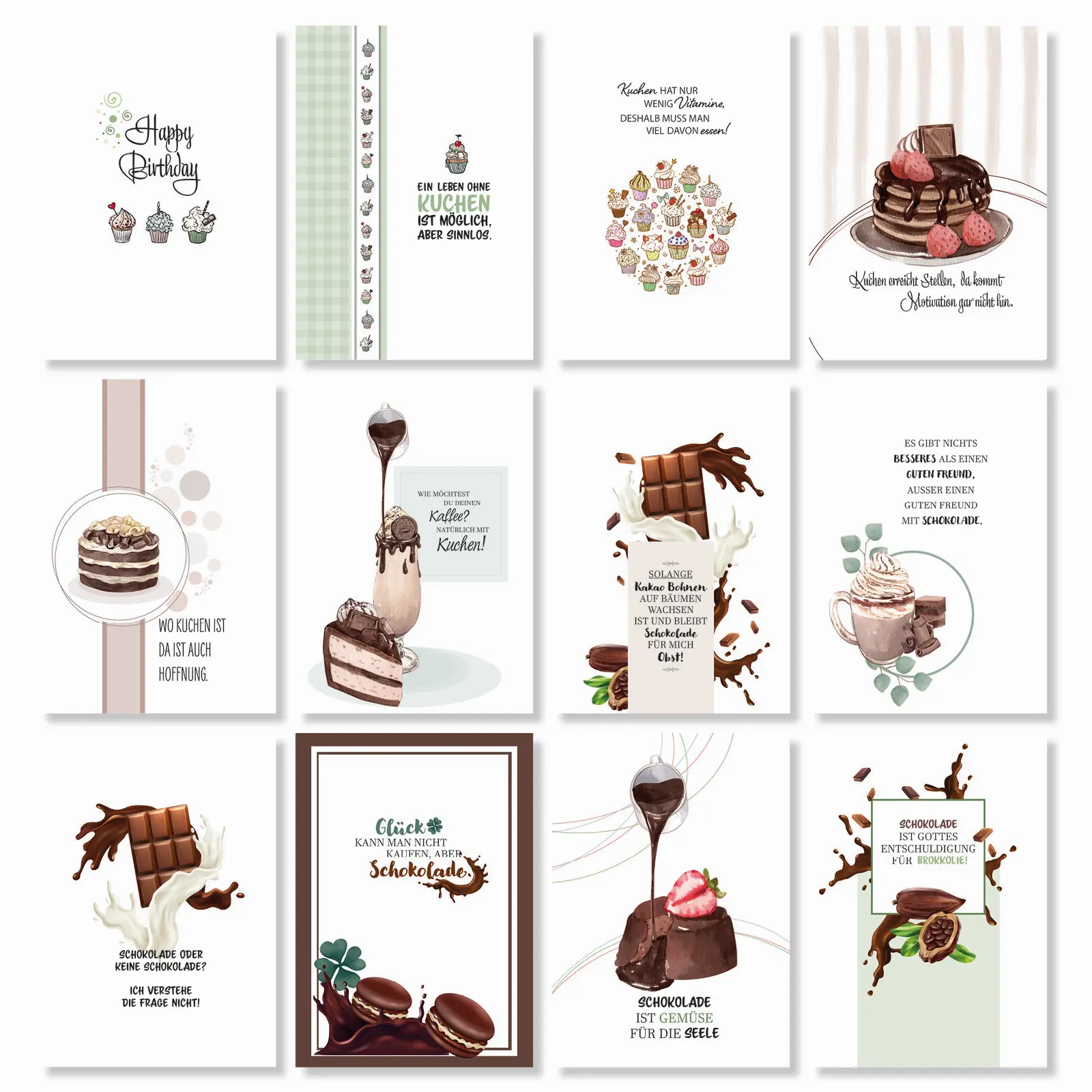 Postkarten mit Schokoladen- und Kuchensprüchen 12 Stück
