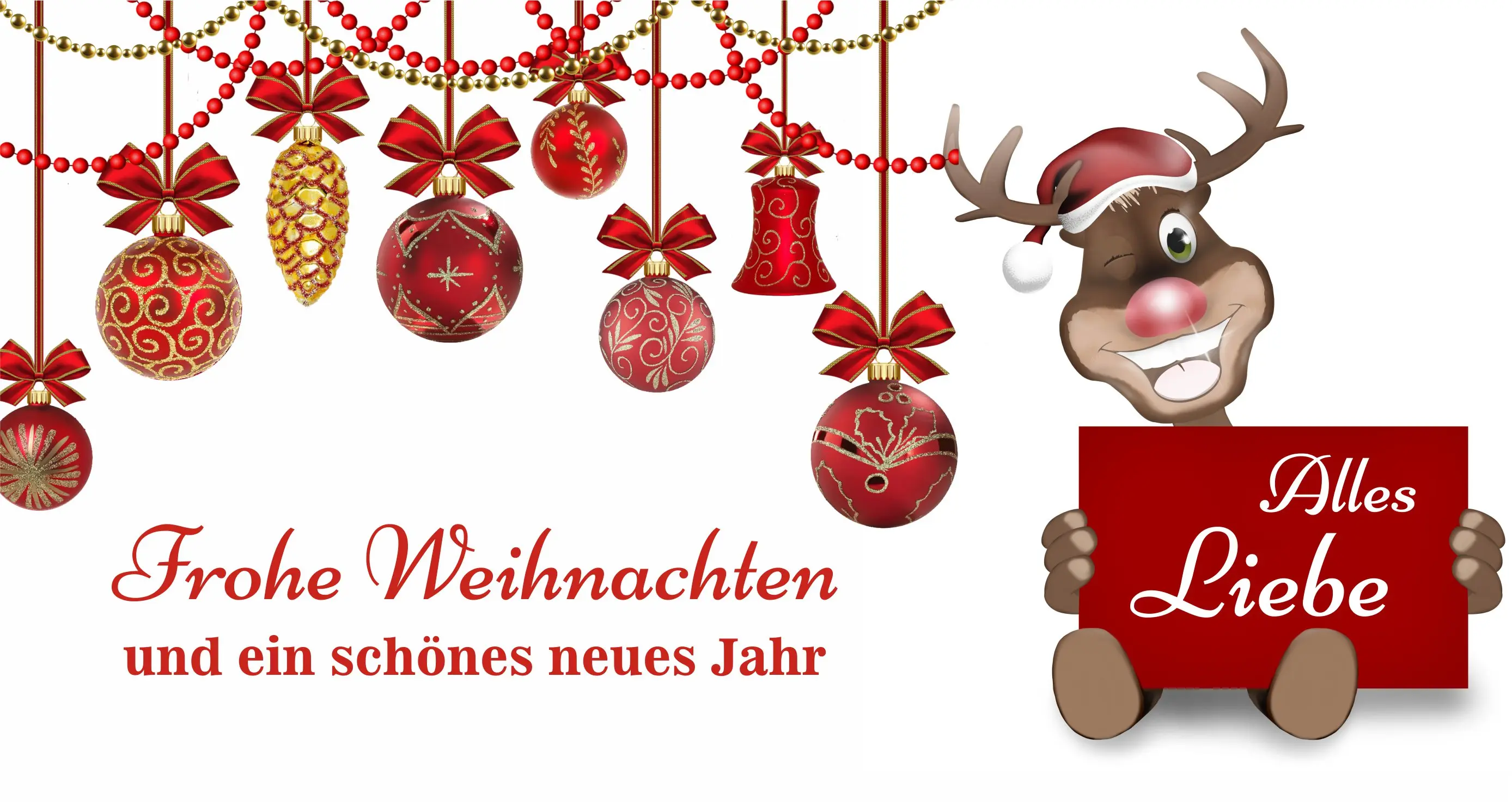 Rentier mit Christbaumkugeln und Weihnachtsgruß