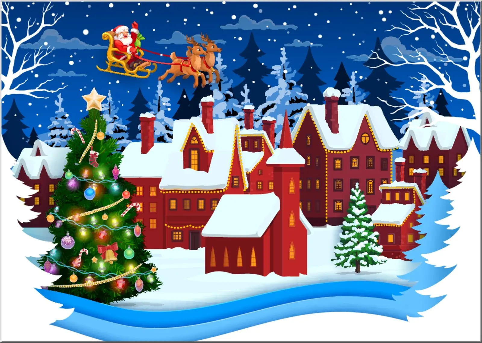 Weihnachtspostkarte Weihnachtsdorf und Weihnachtsschlitten