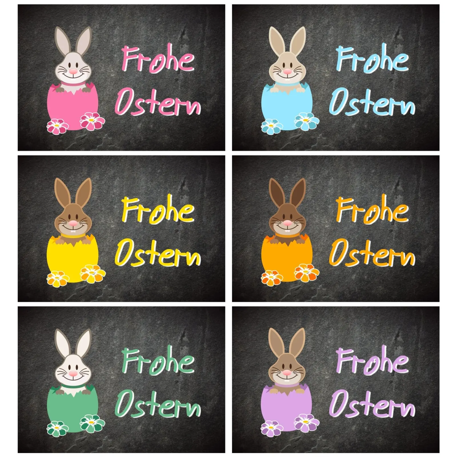 Süßes Postkarten-Set Ostern mit 6 Hasen in verschiedenen Farben