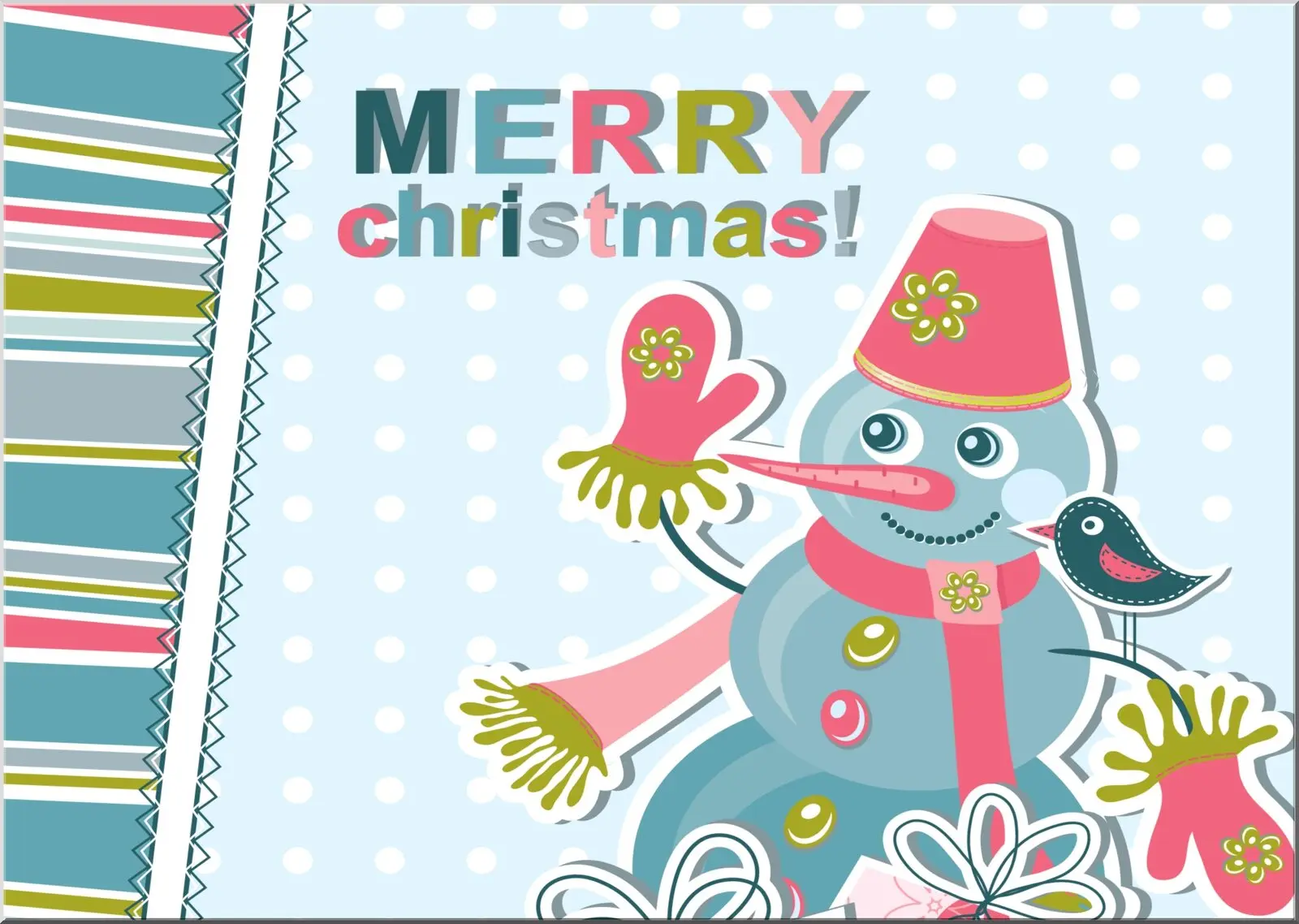 Lustige Weihnachtspostkarte mit Schneemann blau rosa