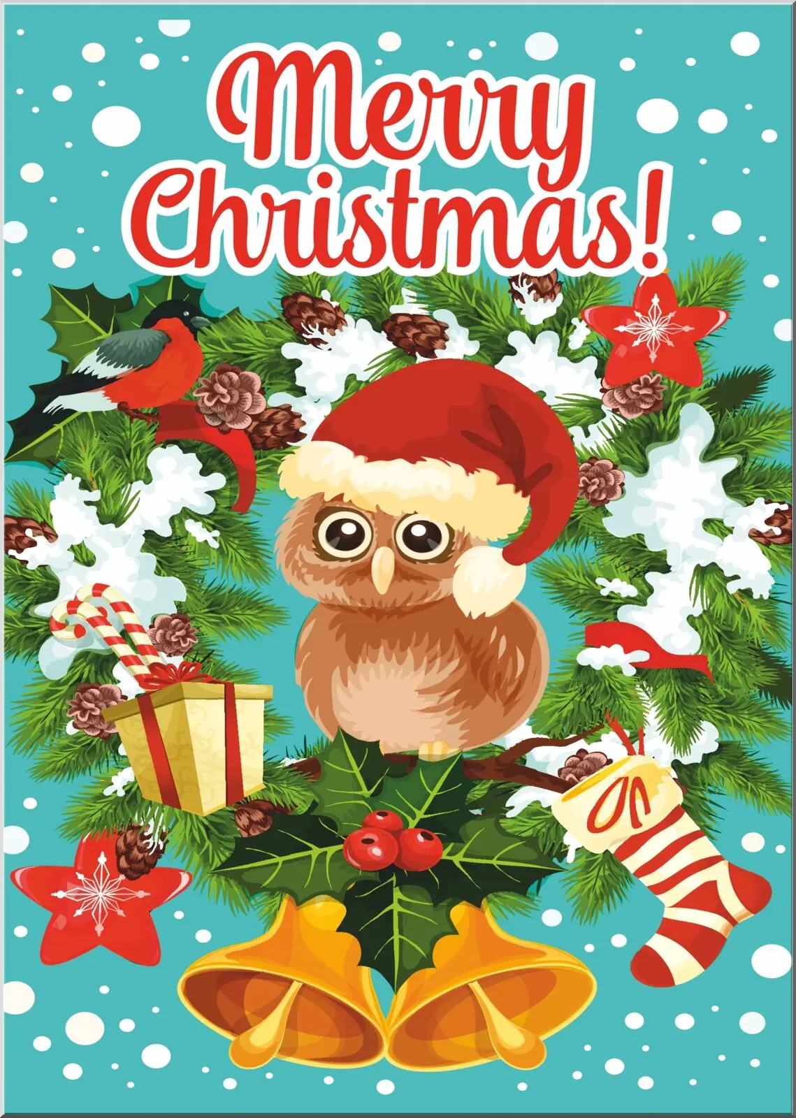 Farbenfrohe Weihnachtskarte mit Eule Merry Christmay