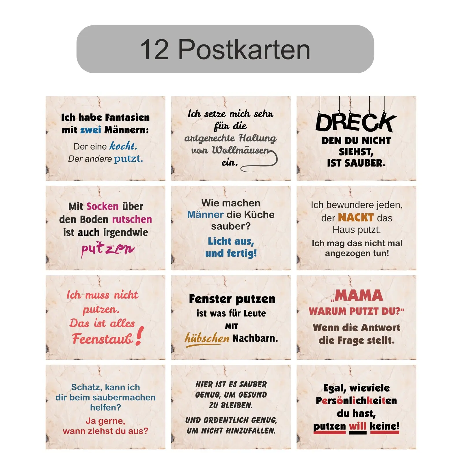 Lustige Postkarten 12 verschiedene Putzsprüche